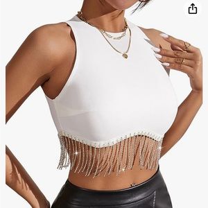 Milumia Women Rhinestone Fringe Sleeveless Crop Tank Top size Small NWT